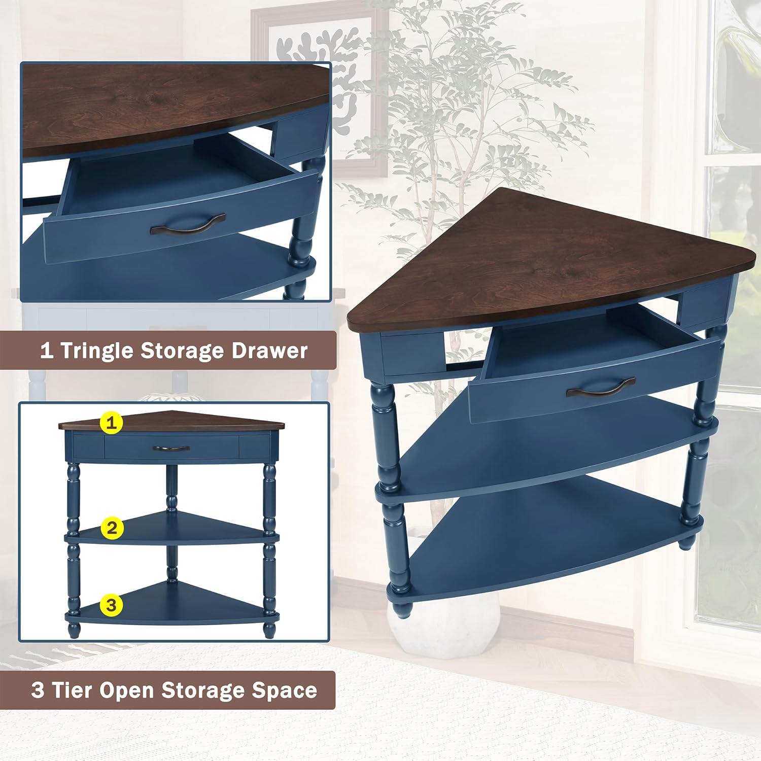 33.8'' Small Triangle Corner Table,3 Tier End Table with Open Shelf and Solid Wood Legs,Wood Corner Side Table with 1 Storage Drawer for Bedroom,Living Room,Small Spaces (Navy Blue-14)