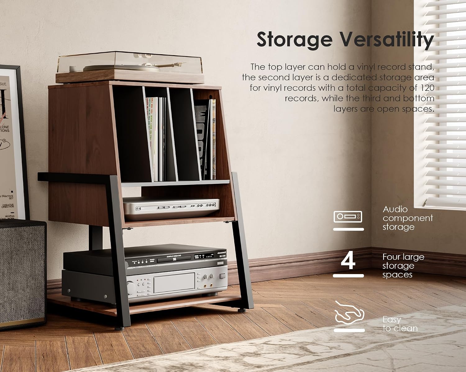 FITUEYES Record Player Stand with Storage for 120 Vinyl Records, Walnut | Vinyl Record Storage, Wooden Turntable Stand with Station, Small Entertainment Center for Living Room, Eiffel Series