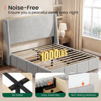 LARMACE Queen Size Bed Frame 54.2" Extra Tall Wingback Headboard, Lambswool Upholstered Platform Bed with Legs Featuring Built-in Charging Ports, Wood Slats, No Box Spring Needed,Light Grey