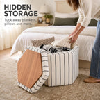 Wimarsbon 18inch Storage Ottoman with Detachable Tray, Multifunctional Mid Century Large Capacity Oversized Striped Boho Unique Linen Ottomans (Hexagon)