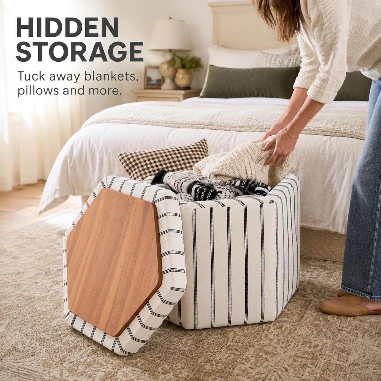 Wimarsbon 18inch Storage Ottoman with Detachable Tray, Multifunctional Mid Century Large Capacity Oversized Striped Boho Unique Linen Ottomans (Hexagon)