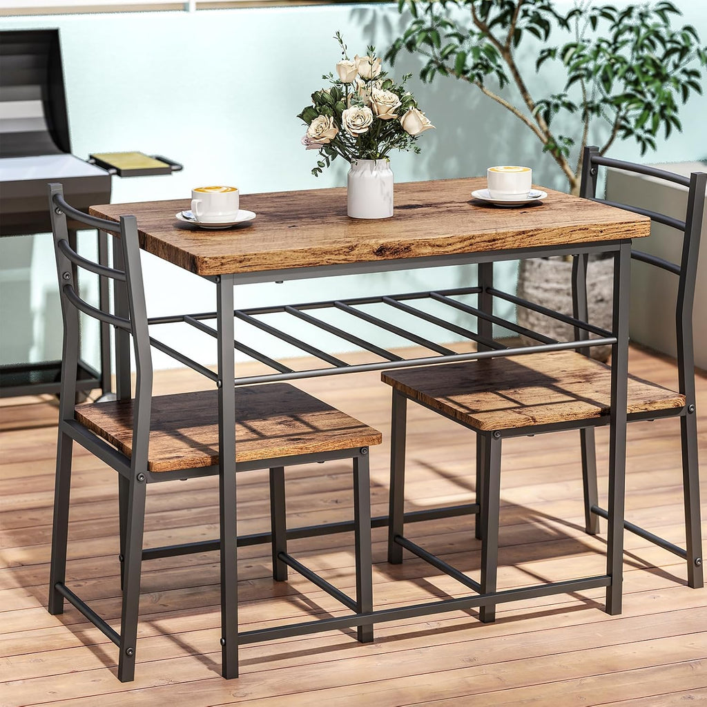 Fenbeli 3 Piece Dining Table Set - Small Kitchen Table & Chair Sets for 2, Breakfast Table Set w/Steel Frame, Built-in Storage Rack for Dining Room, Living Room, Apartment (Brown, Small)