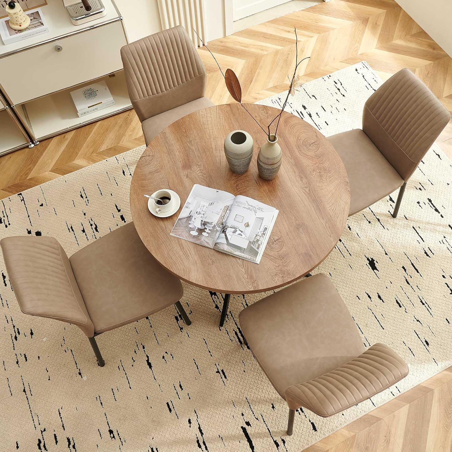 37" Round Dining Table Set for 4, Mid Century Modern Small Coffee Set for Dining Room Kitchen Apartment (Walnut Table + 4 PU Leather Beige Chairs)