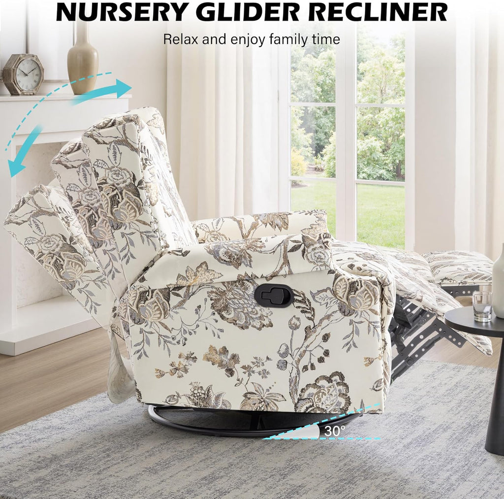 Swivel Glider Floral Recliner Chairs Set of 2, High Back Swivel Rocker Fabric Accent Chair for Living Room, Rivet Trim Upholstered Armchair Manual Sofa Seating - Beige Plants