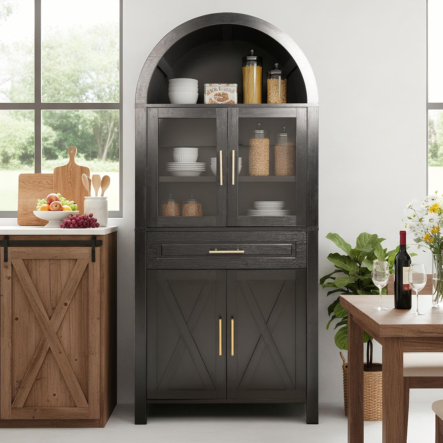 71" Tall Arched Kitchen Pantry Cabinet, Farmhouse Freestanding Food Pantry with Glass Door, Barn Door Design and Adjustable Shelves, Storage Cupboard for Kitchen, Living & Dining Room,Black