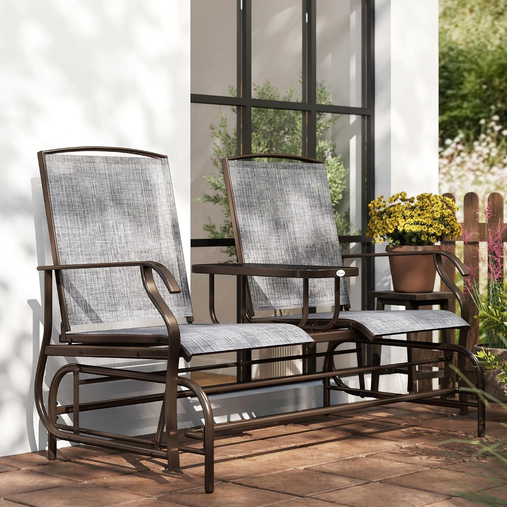 Outsunny Outdoor Glider Bench with Center Table Metal Frame Armrests Gray | Patio Loveseat, Breathable Mesh Fabric, for Backyard Garden Porch