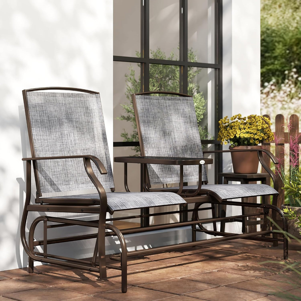 Outsunny Outdoor Glider Bench with Center Table Metal Frame Armrests Gray | Patio Loveseat, Breathable Mesh Fabric, for Backyard Garden Porch