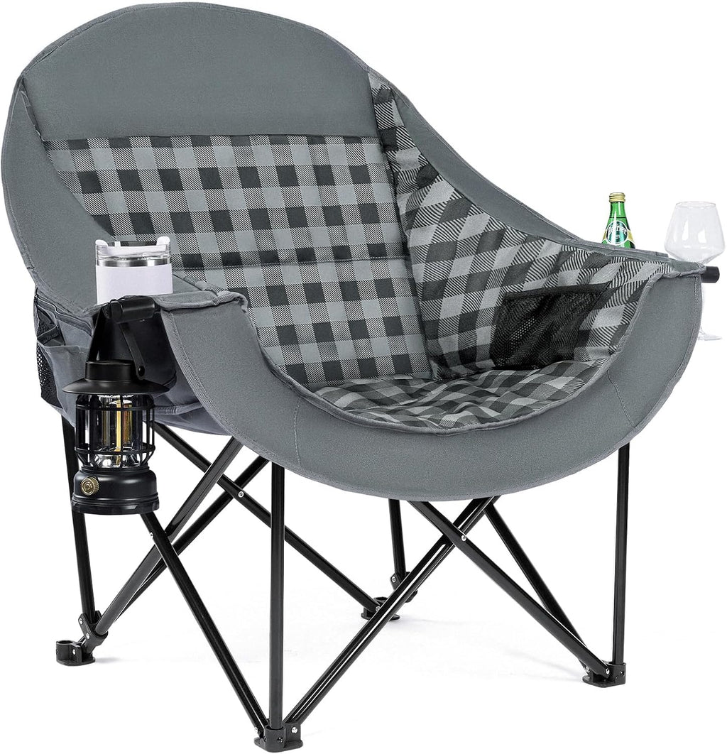 Oversized Camping Chair for Adults, 500 LBS Heavy Duty Folding Chair, Plaid | Big & Tall Adults, Padded Camping Chair, 600D Oxford Fabric, Cup Holder, Side Pocket, Lawn Chair, Beach, Fishing