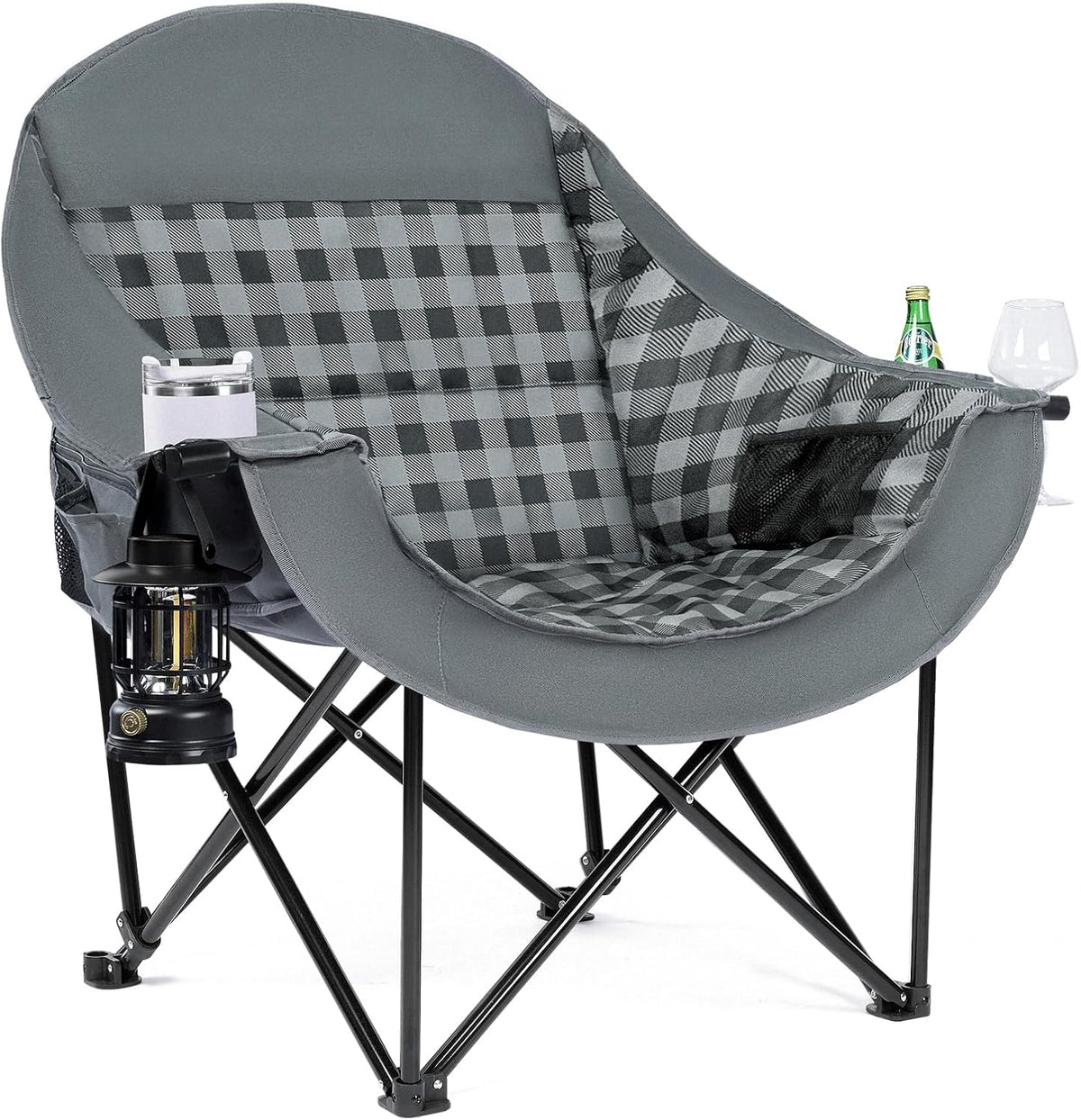 Oversized Camping Chair for Adults, 500 LBS Heavy Duty Folding Chair, Plaid | Big & Tall Adults, Padded Camping Chair, 600D Oxford Fabric, Cup Holder, Side Pocket, Lawn Chair, Beach, Fishing