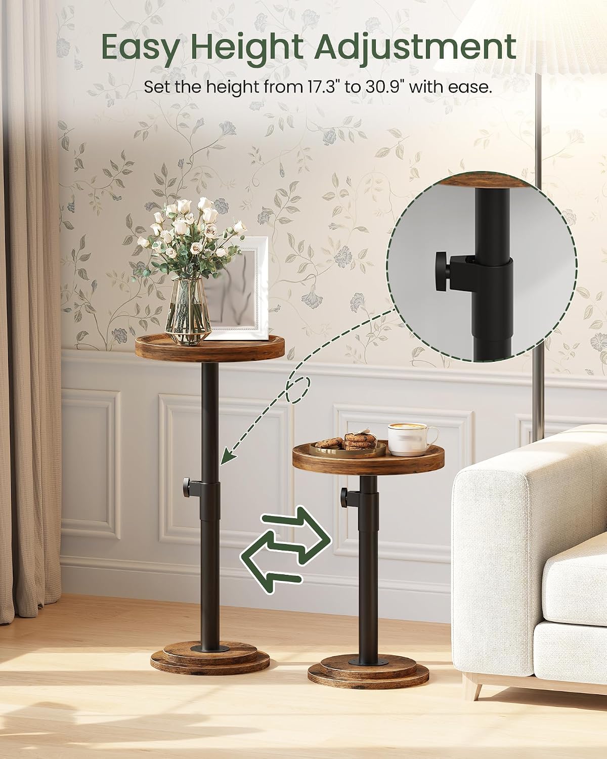 CHOEZON Height Adjustable Drink Table, Small Round Side Table, Pedestal Martini Table with Thickened Base, for Small Space, Sofa, Couch, Living Room, Bedroom, Rustic Brown and Black TBZ31BF