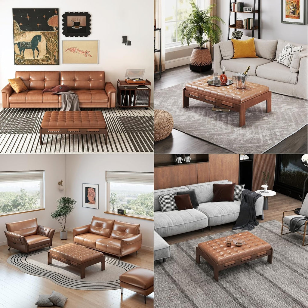 chairus 47.75" Large Rectangle Ottoman Coffee Table, Tufted Faux Leather Upholstered Living Room Coffee Table with Solid Wood Frame, Oversized Mid-Century Modern Footrest Ottoman, Brown PU