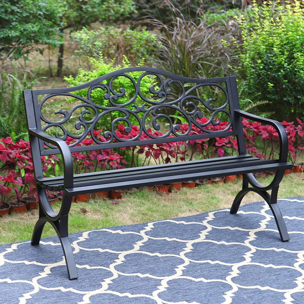 MFSTUDIO 50 Inches Outdoor Garden Bench Cast Iron Metal Frame, Floral Black