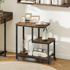GOFLAME G-Shaped End Table, 3-Tier Sofa Side Table with Wheels, Open Shelves, Metal Frame, Modern Display Accent Table, Small Narrow Rolling Nightstand for Living Room, Bedroom, Rustic Brown