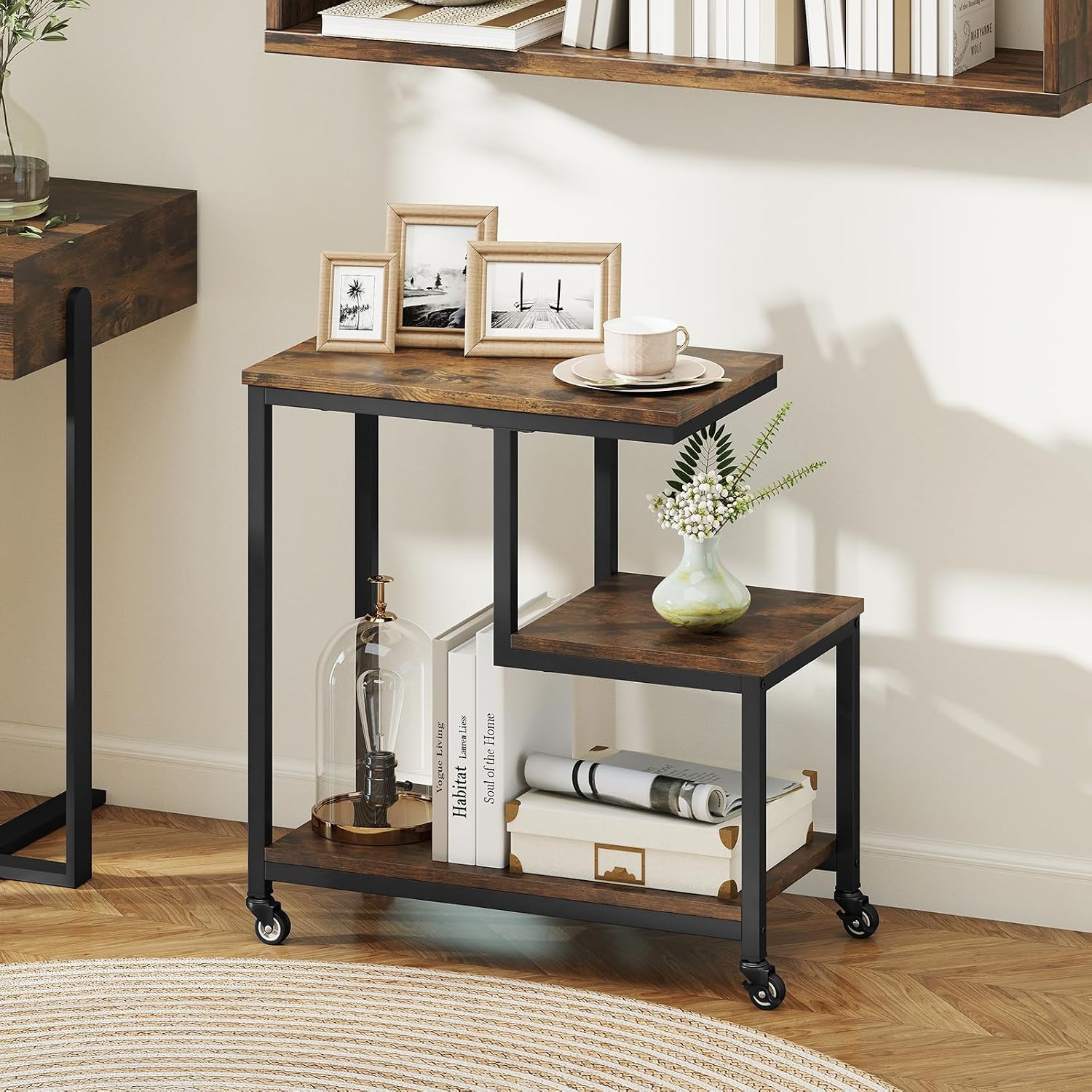 GOFLAME G-Shaped End Table, 3-Tier Sofa Side Table with Wheels, Open Shelves, Metal Frame, Modern Display Accent Table, Small Narrow Rolling Nightstand for Living Room, Bedroom, Rustic Brown