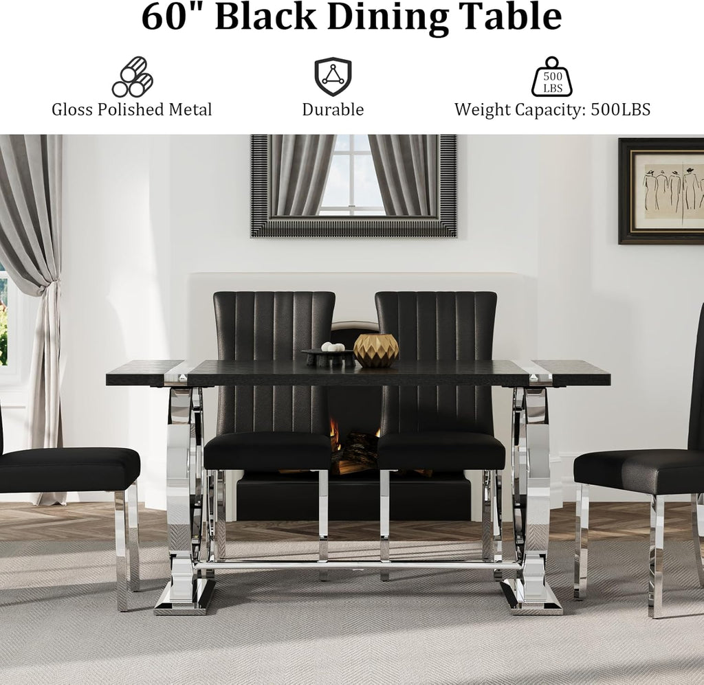 Asday Black Wood Dining Table for 4-6, 60 Inch Modern Luxury Kitchen Table with Silver Polished Stainless Steel Base, Farmhouse Rectangular Dining Room Table for Kitchen, Living Room, Apartment