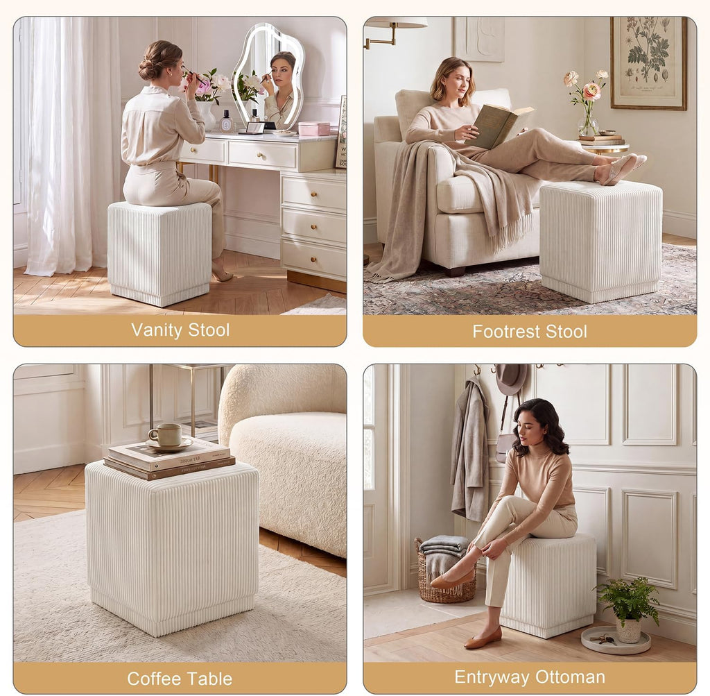Homebeez Modern Square Ottoman, Vertical Channel Tufted Foot Stool Ottoman, Corduroy Velvet Upholstered Vanity Stool for Makeup, Bedroom, Living Room, Cream White