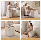 Homebeez Modern Square Ottoman, Vertical Channel Tufted Foot Stool Ottoman, Corduroy Velvet Upholstered Vanity Stool for Makeup, Bedroom, Living Room, Cream White