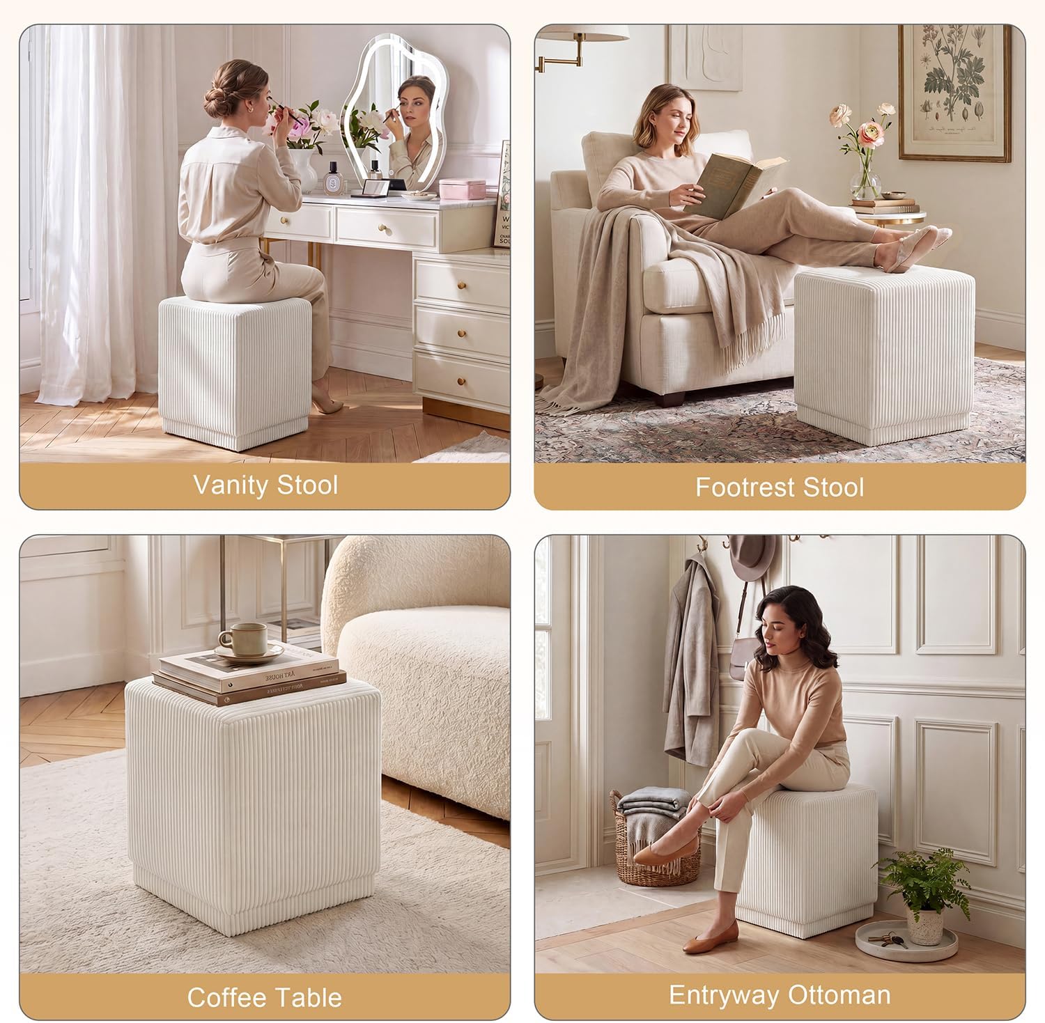 Homebeez Modern Square Ottoman, Vertical Channel Tufted Foot Stool Ottoman, Corduroy Velvet Upholstered Vanity Stool for Makeup, Bedroom, Living Room, Cream White