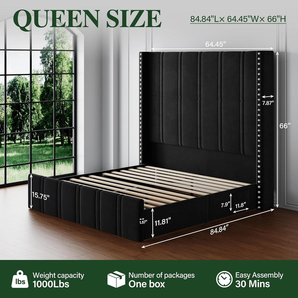 Queen Bed Frame with Extra Tall Headboard