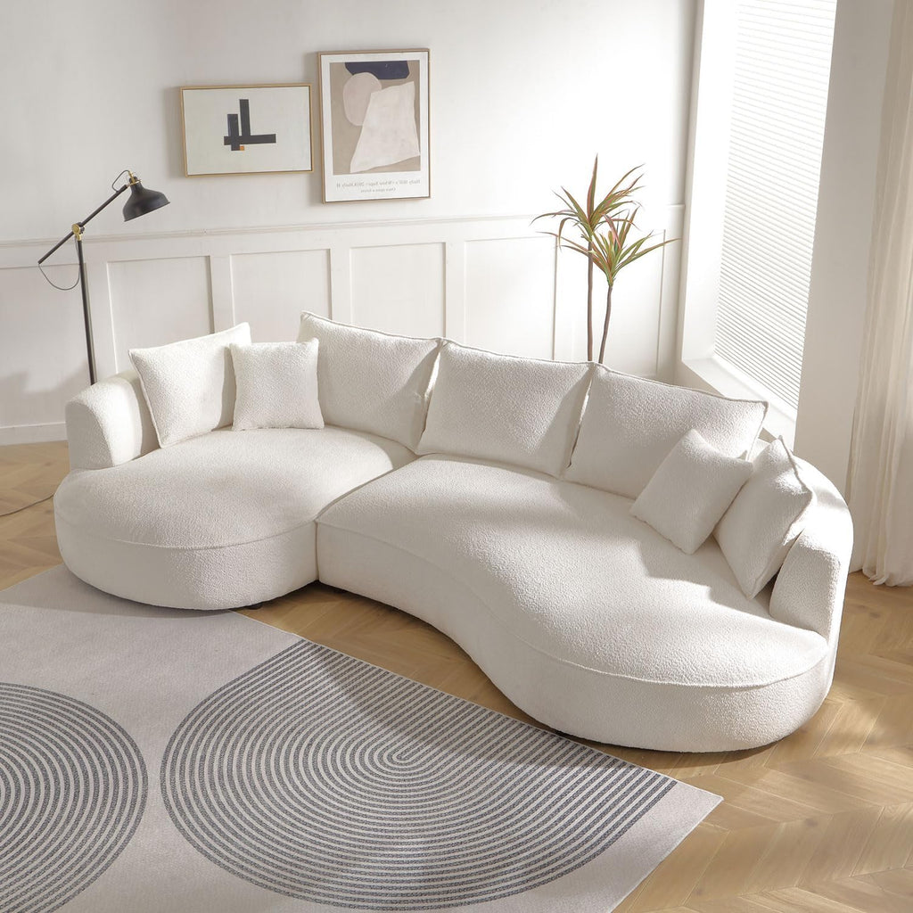 WILLIAMSPACE 124.8" Boucle Curved Sofa Couch, Modern Upholstery Cloud Sofa with Pillows, Left Hand Facing Sectional Boucle Fabric Couch for Living Room (Left-Facing,Light Cream)