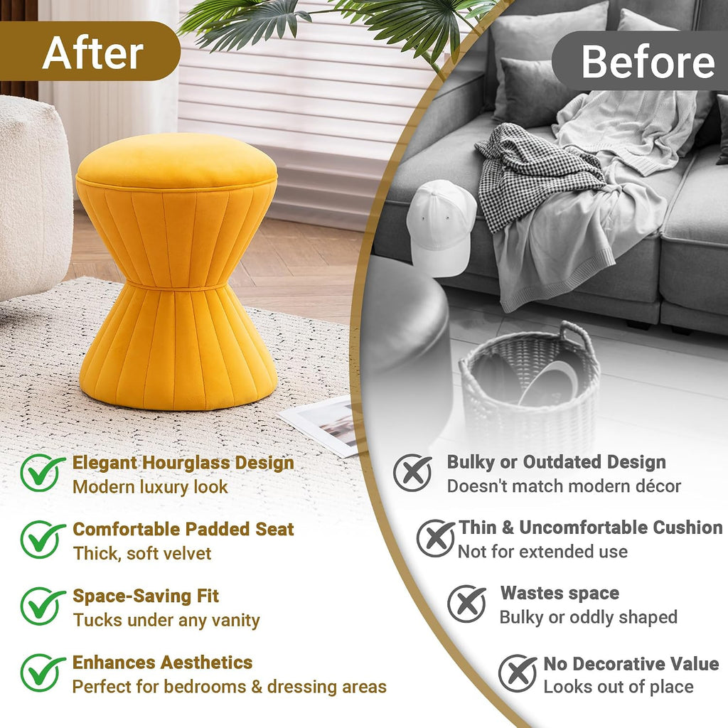 Multifunction Velvet Ottoman, Upholstered Vanity Stool Chair, Sturdy Round Footstool for Makeup, Living Room, Bedroom, Entryway (Mustard)