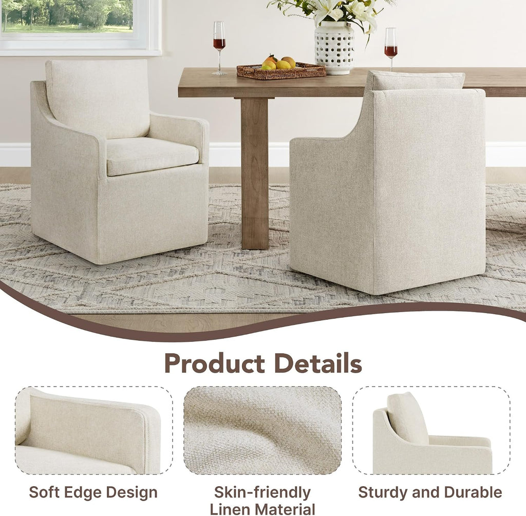 KISLOT Upholstered Dining Chairs Set of 4 with Washable Cover, Oatmeal | Modern Rolling Dining Room Chairs with Casters, Hidden Storage Seat, Linen Look Fabric, Padded Kitchen Accent Chairs