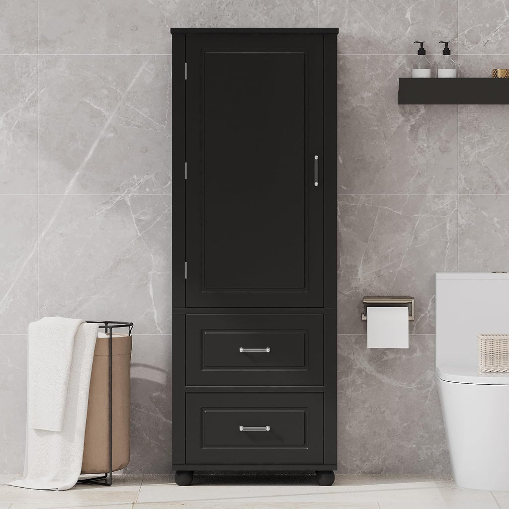 Merax 61.4" Pantry Cabinet with One Door & Two Drawers, Adjustable Shelves Storage Cupboard for Kitchen/Dining Room/Bathroom, Soild Wood Legs, Black