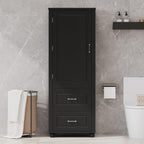 Merax 61.4" Pantry Cabinet with One Door & Two Drawers, Adjustable Shelves Storage Cupboard for Kitchen/Dining Room/Bathroom, Soild Wood Legs, Black