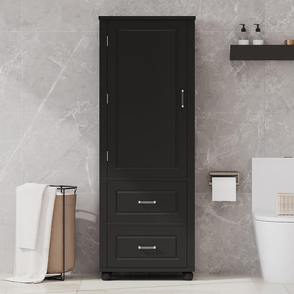 Merax 61.4" Pantry Cabinet with One Door & Two Drawers, Adjustable Shelves Storage Cupboard for Kitchen/Dining Room/Bathroom, Soild Wood Legs, Black