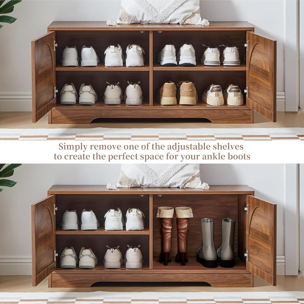 BERRYMERRY 39.4" Fluted Shoe Storage Bench for Entryway,2 Tier Shoe Cabinet Bench with Adjustable Shelf,Bench for Bedroom End of Bed (Walnut, 13.8”D x 39.4”W x 18.5”H)