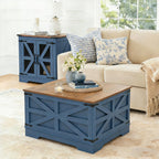 Farmhouse Coffee Table Set of 3, 1 Lift Top Coffee Table with Sliding Barn Doors and 2 End Tables with Charging Station, Living Room Table Set for Home Office, Blue