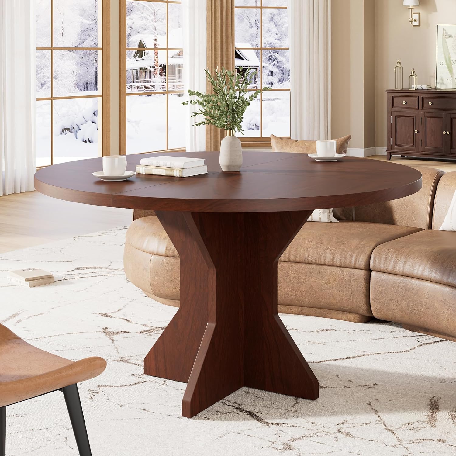 IDEALHOUSE Round Dining Table, 47" Kitchen Table for 4-6 People, Circle Tables with Sturdy Pedestal Base, Space Saving Dinning Room Furniture for Living Room, Kitchen, Apartment, Walnut