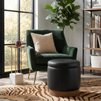 19" Round Swivel Storage Ottoman with Tray Top, Upholstered Faux Leather Foot Stool with Solid Acacia Wood Base 500 lbs Modern Accent Footrest for Living Room & Bedroom Fully Assembled Black