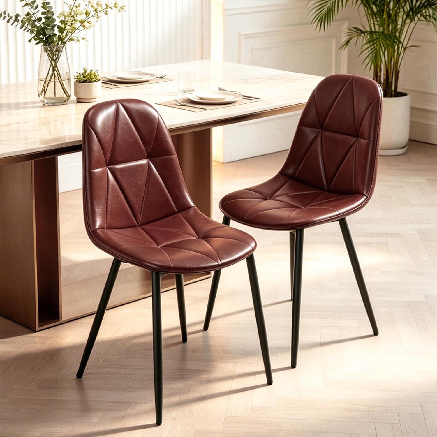 Set of 4 Brown Dining Chairs – Modern Armless Kitchen & Dining Chairs, Faux Leather Upholstery, Ergonomic Backrest & Sturdy Metal Legs