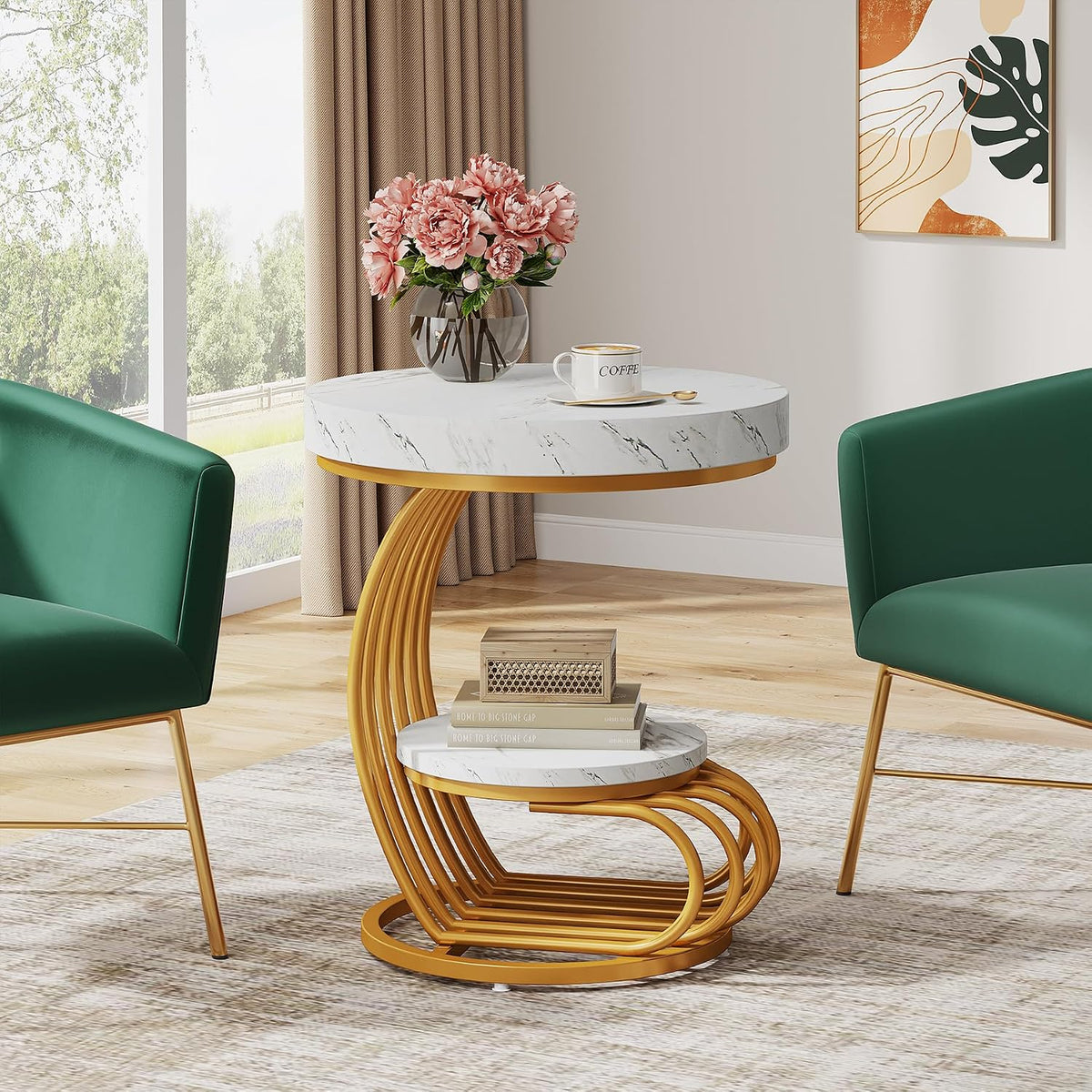 Tribesigns Round End Table, 2-Tier Modern Wood Side Table with Shelf Storage, Faux Marble Sofa Side Bedside Nightstand, Arc-Shaped Frame Accent Furniture for Living Room, Gold & White