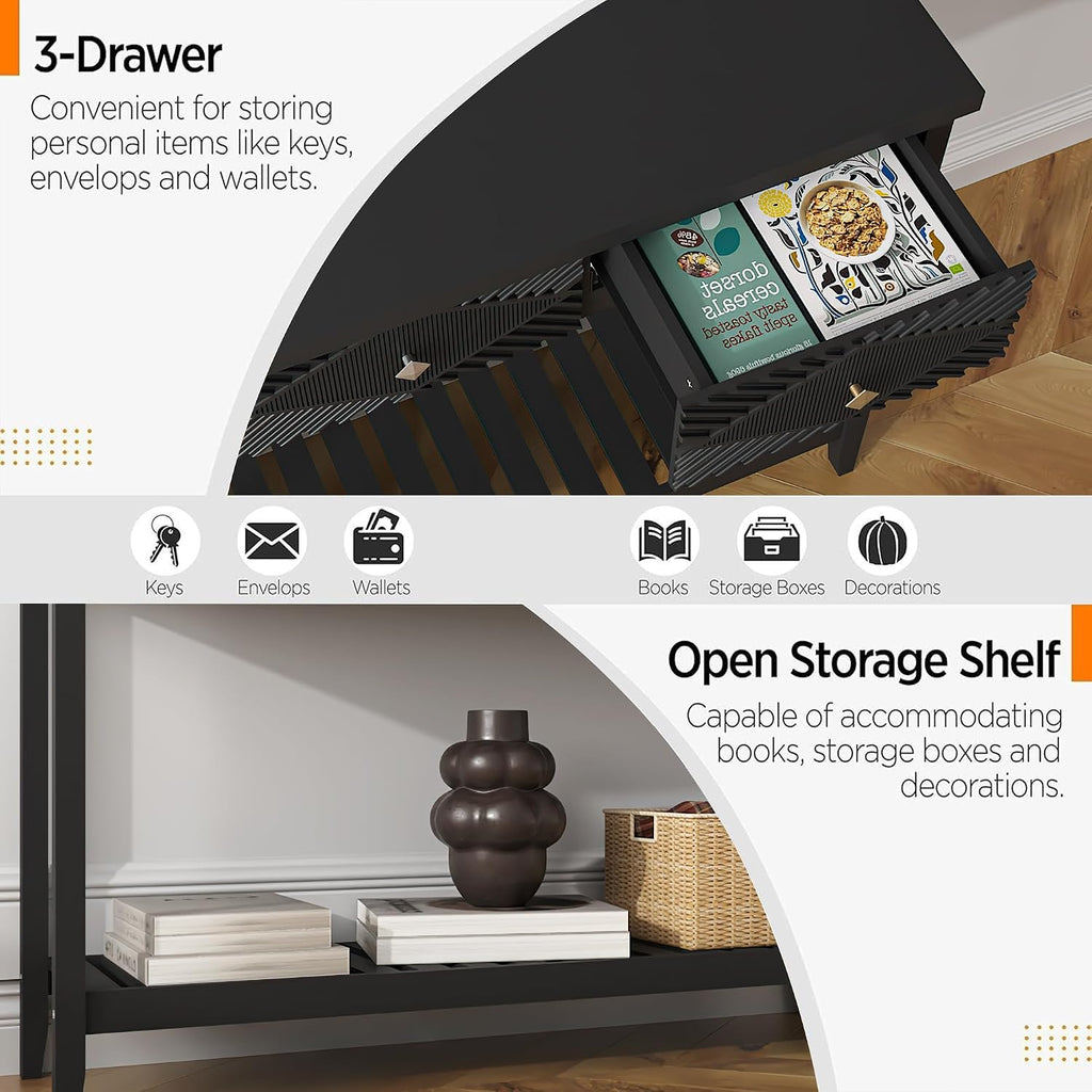 47" Console Table with 3 Drawers, Fluted Wood Entryway Table with Storage Shelf, Narrow Long Sofa Table Modern Behind Couch Accent Table for Living Room, Entryway, Hallway, Foyer