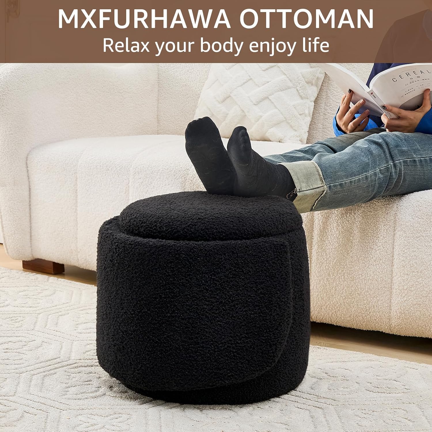 Storage Ottoman Modern Vanity Stool with Foldable Backrest | Teddy Velvet Footstool with Extra Seating Small Side Table Footrest Stool Makeup, Bedroom (Black)