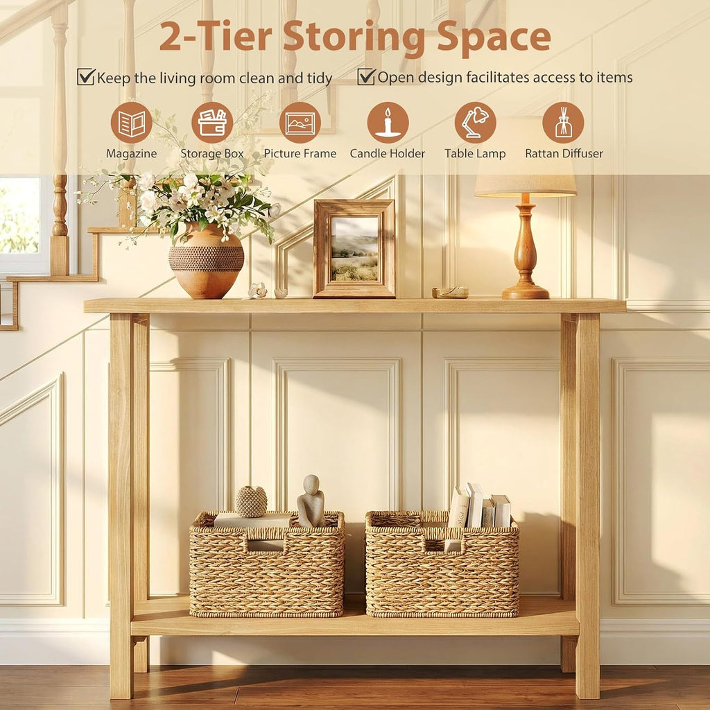 GIANTEX 47" Solid Wood Console Table, 2-Tier Narrow Entryway Table | Rustic Foyer Table w/ Teak Wood Frame and Storage Shelf, Farmhouse Sofa Table Behind Couch for Living Room (47" x 12" x 32")
