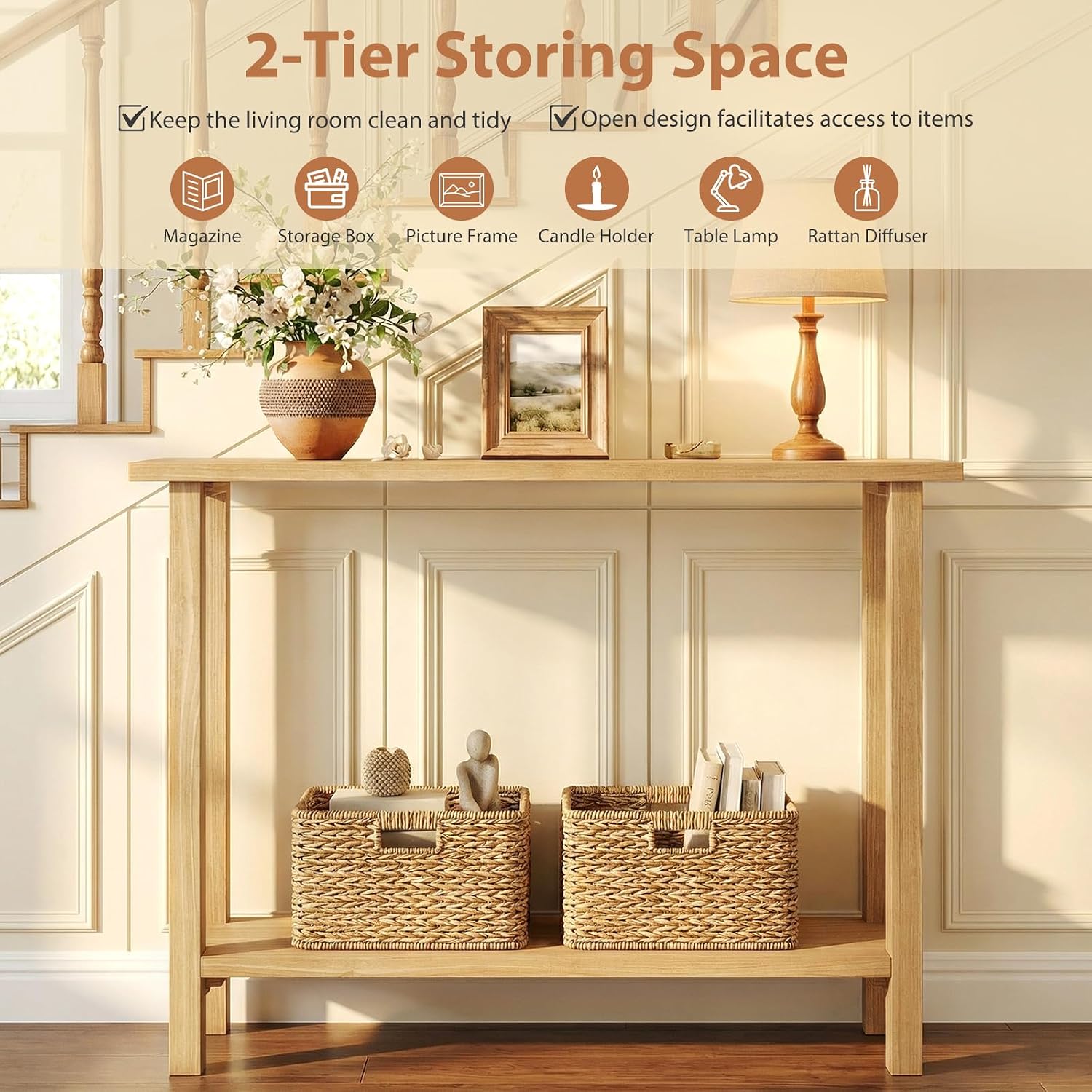 GIANTEX 47" Solid Wood Console Table, 2-Tier Narrow Entryway Table | Rustic Foyer Table w/ Teak Wood Frame and Storage Shelf, Farmhouse Sofa Table Behind Couch for Living Room (47" x 12" x 32")