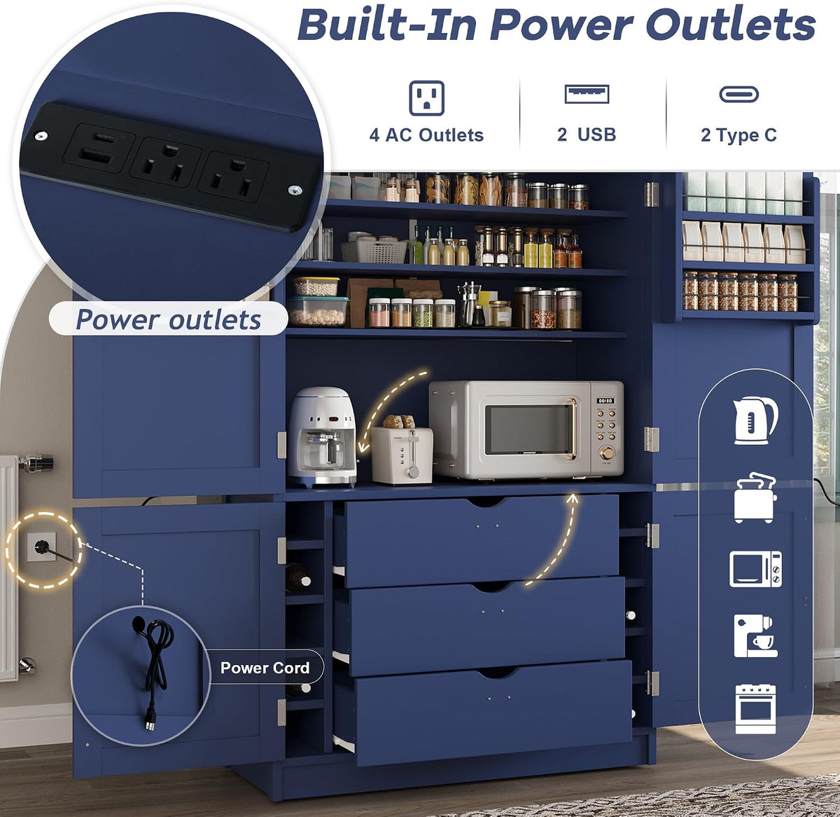 JIJIWANG 70.9" H Farmhouse Freestanding Kitchen Pantry Storage Cabinet with Drawers and Shelves, Buffet with 8 Pull-Out Trays and 4 Doors Blue