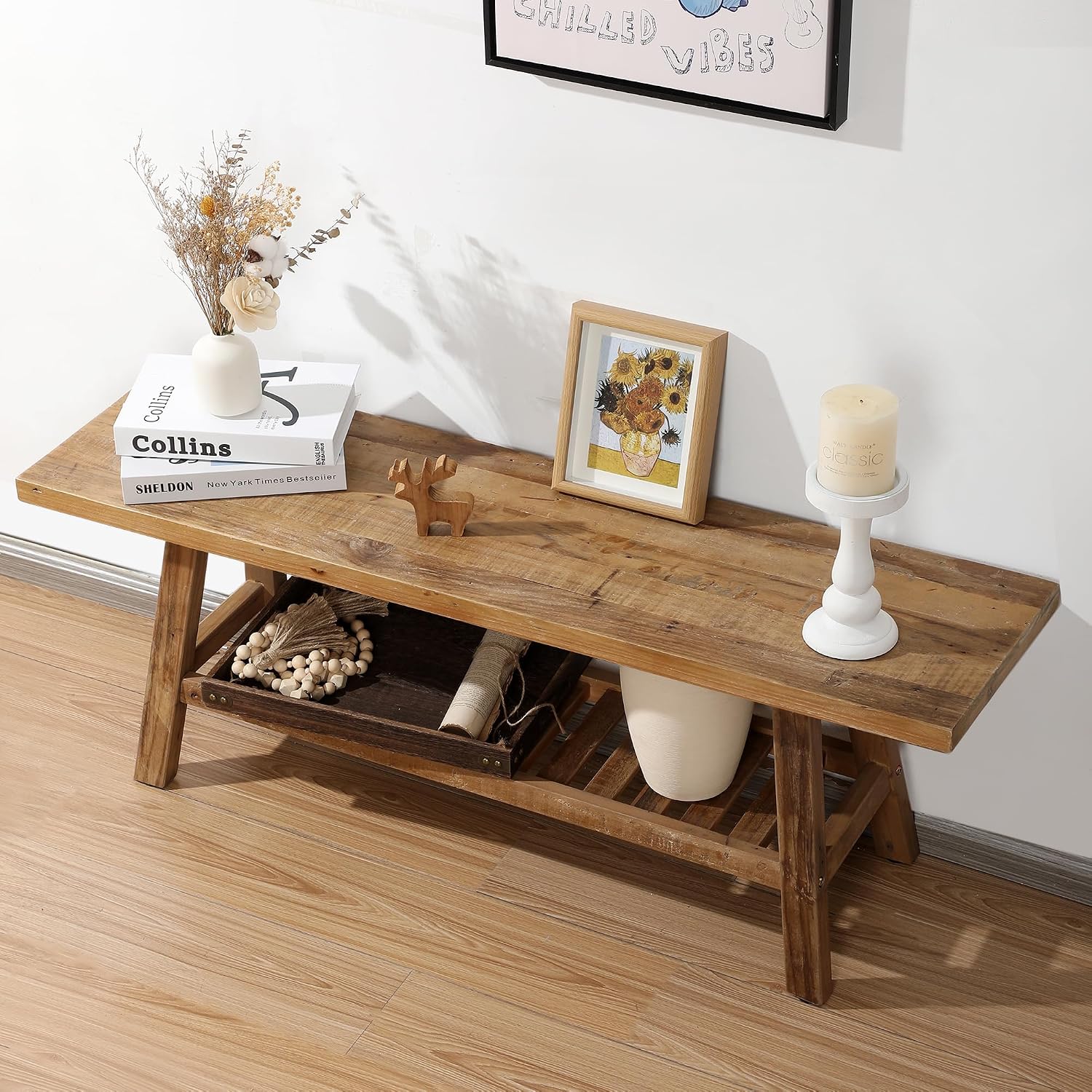 HOKYHOKY Reclaimed Solid Wood Bench-43.3" Entryway Bench with Storage Shelf | Farmhouse Narrow Rustic Bench, Hallway, Kitchen, Bedroom, Dining, Indoor