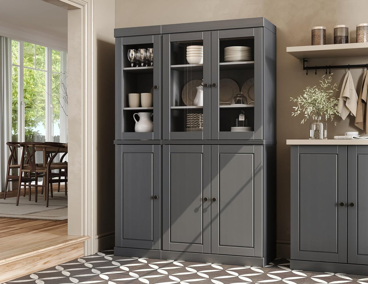 Palace Imports 100% Solid 2-Drawer Pantry, 3 Glass & 3 Wood Doors, Gray, 48.5" w, Renewable Eco-Friendly Wood, Made in Brazil