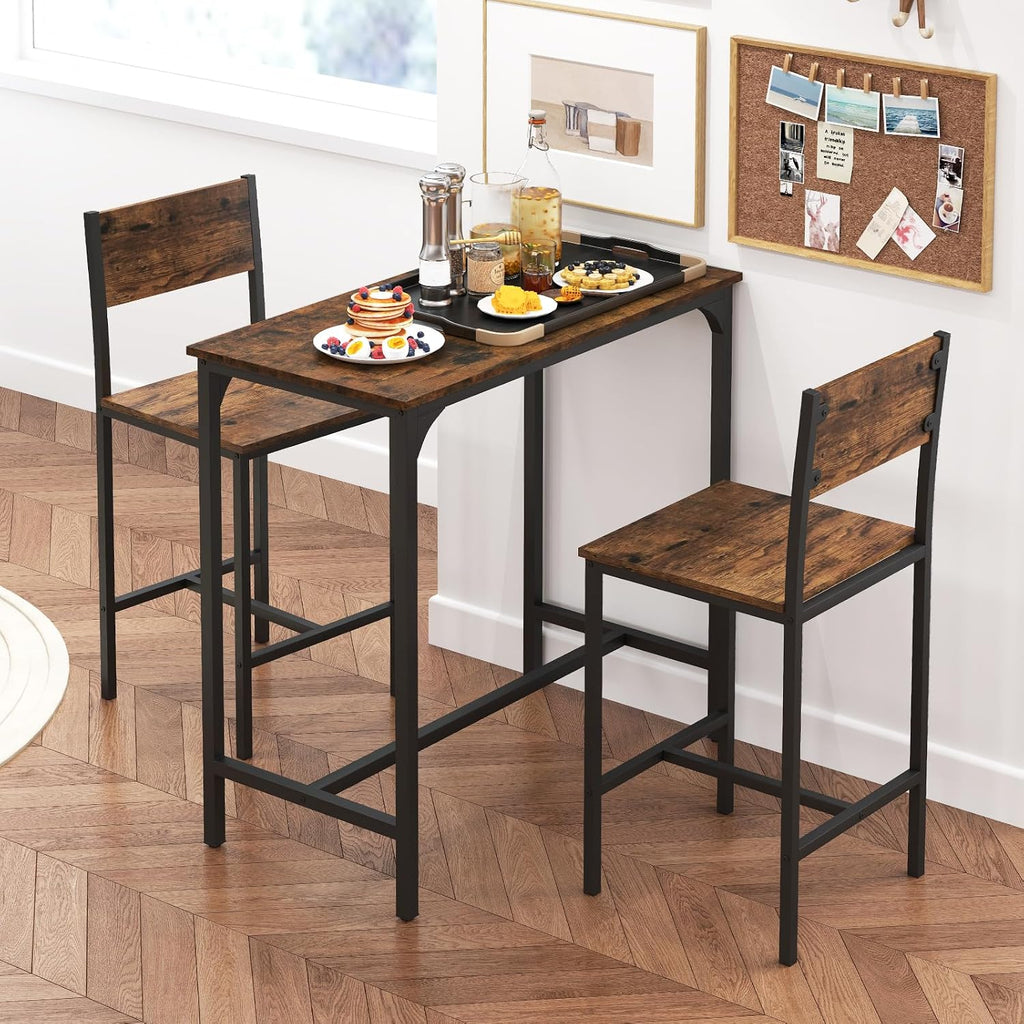 GOFLAME 3-Piece Bar Table Set, Counter Height Pub Table & 2 Barstools with Metal Frame, Industrial Space Saving Dining Set for Kitchen, Dining Room, Bistro, Restaurant, Small Space, Rustic Brown