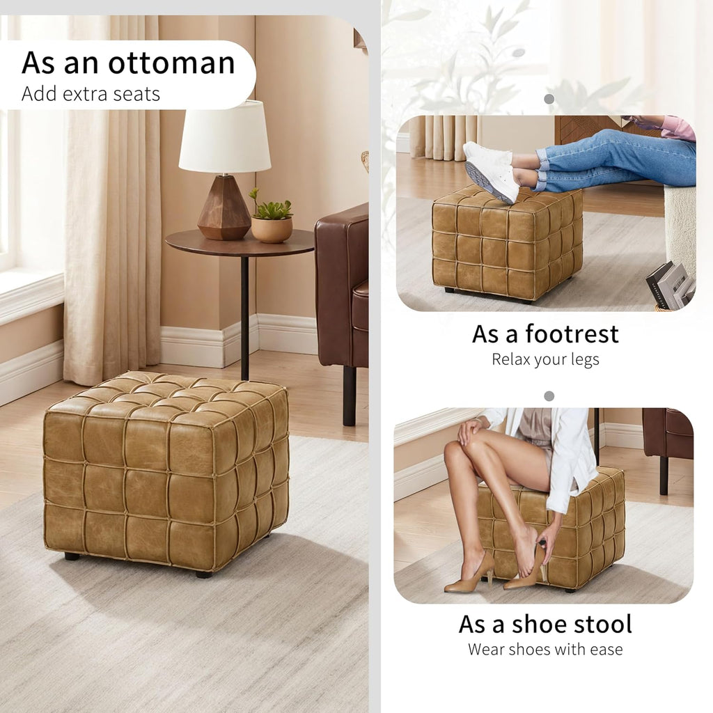 Art Leon Tufted Square Ottoman Leather Footstool Foot Rest Light Brown | Biscuit Tuftinghigh-Density Foamsolid Wood Frame Non-Slip Feet Footrest Extra Seat Seat Living Room Furniture