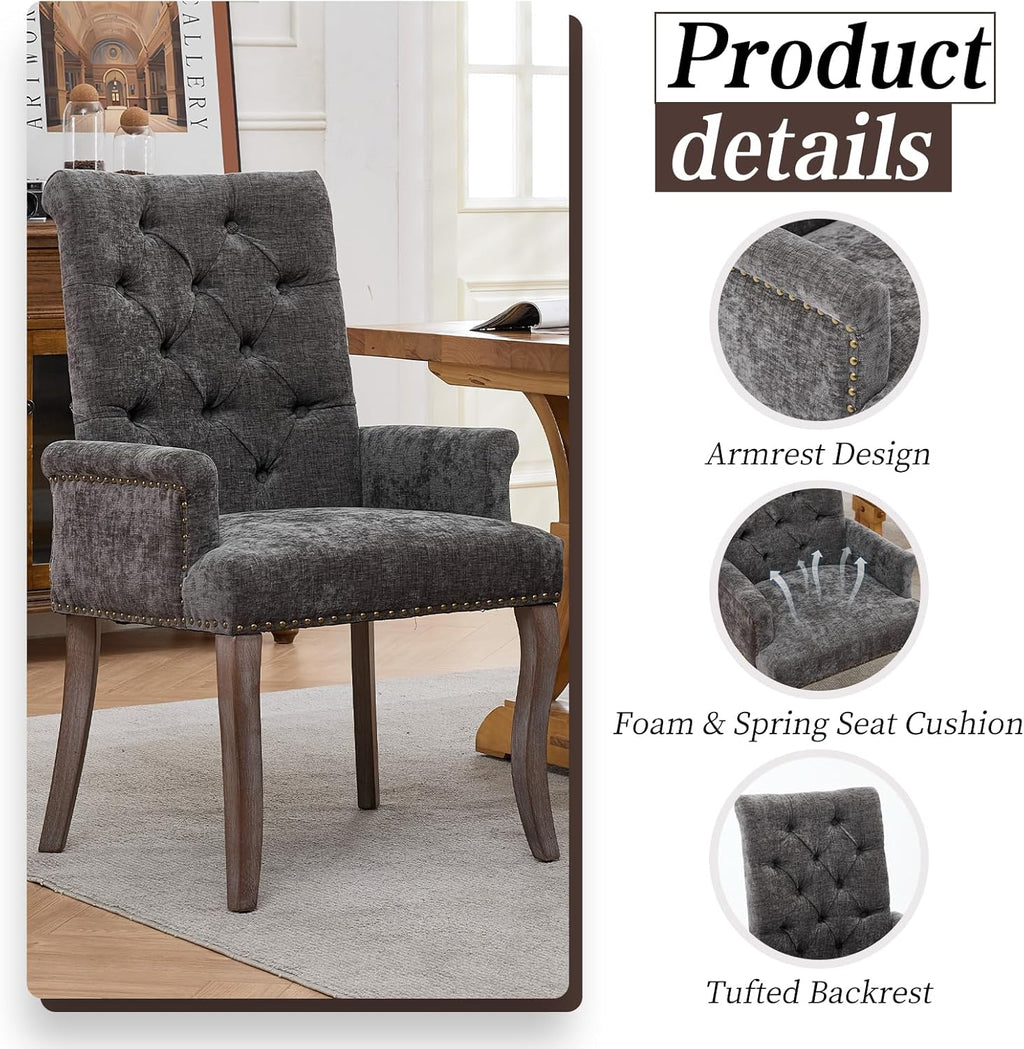 Shenyon Grey Single Dining Chair with Arms, Chenille Upholstered Dining Room Chairs with Tufted Back and Solid Wood Legs, Accent Armchair for Dining Room, Kitchen,Living Room, Grey