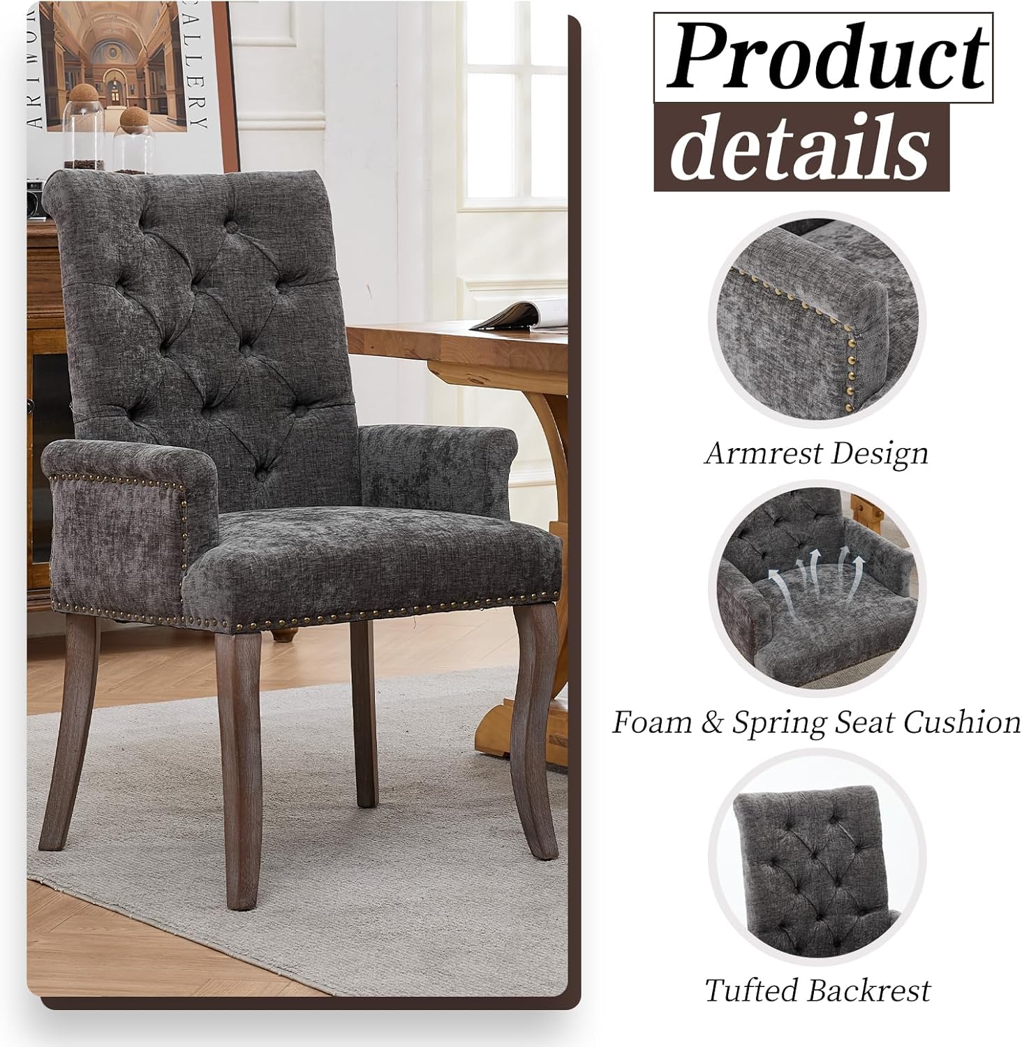 Shenyon Grey Single Dining Chair with Arms, Chenille Upholstered Dining Room Chairs with Tufted Back and Solid Wood Legs, Accent Armchair for Dining Room, Kitchen,Living Room, Grey