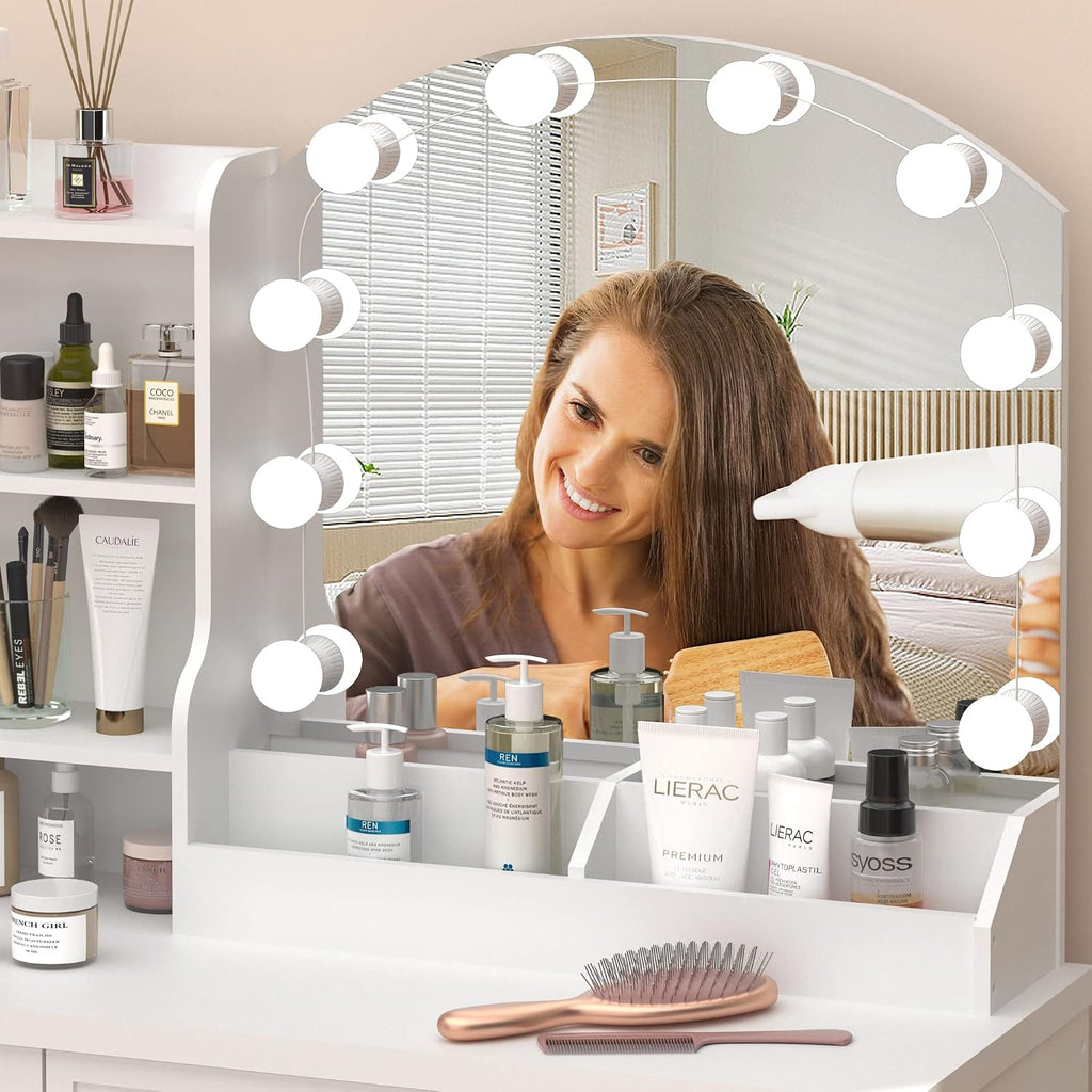 Vabches Vanity Desk with Mirror and Lights,Makeup Vanity Set for Bedroom | White Dressing Table 3 Lighting Colors, 4 Drawers