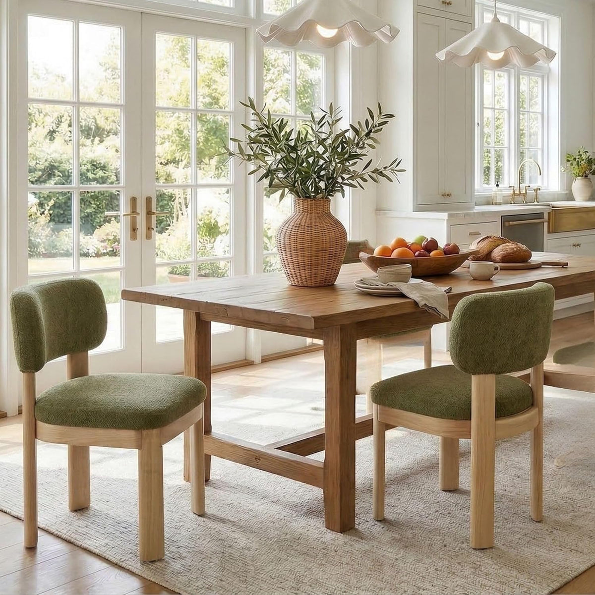 ROCITY Green Upholstered Dining Chairs Set of 4 Chenille Fabric Dining Room Chairs Modern Barrel Kitchen Chairs with Curved Backrest and Wooden Legs
