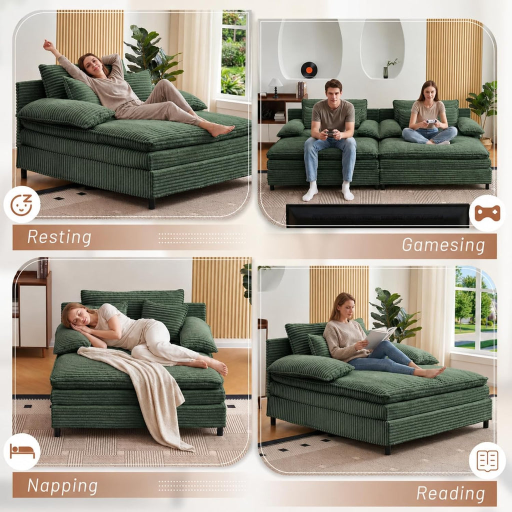 55" W Reclining Chaise Lounge Chair Indoor with 4-Gear Adjustable Backrest, Oversized Deep Seat Recliner with Comfy Pillows, Single Sleeper Sofa Bed, Cloud Couches for Living Room-Green
