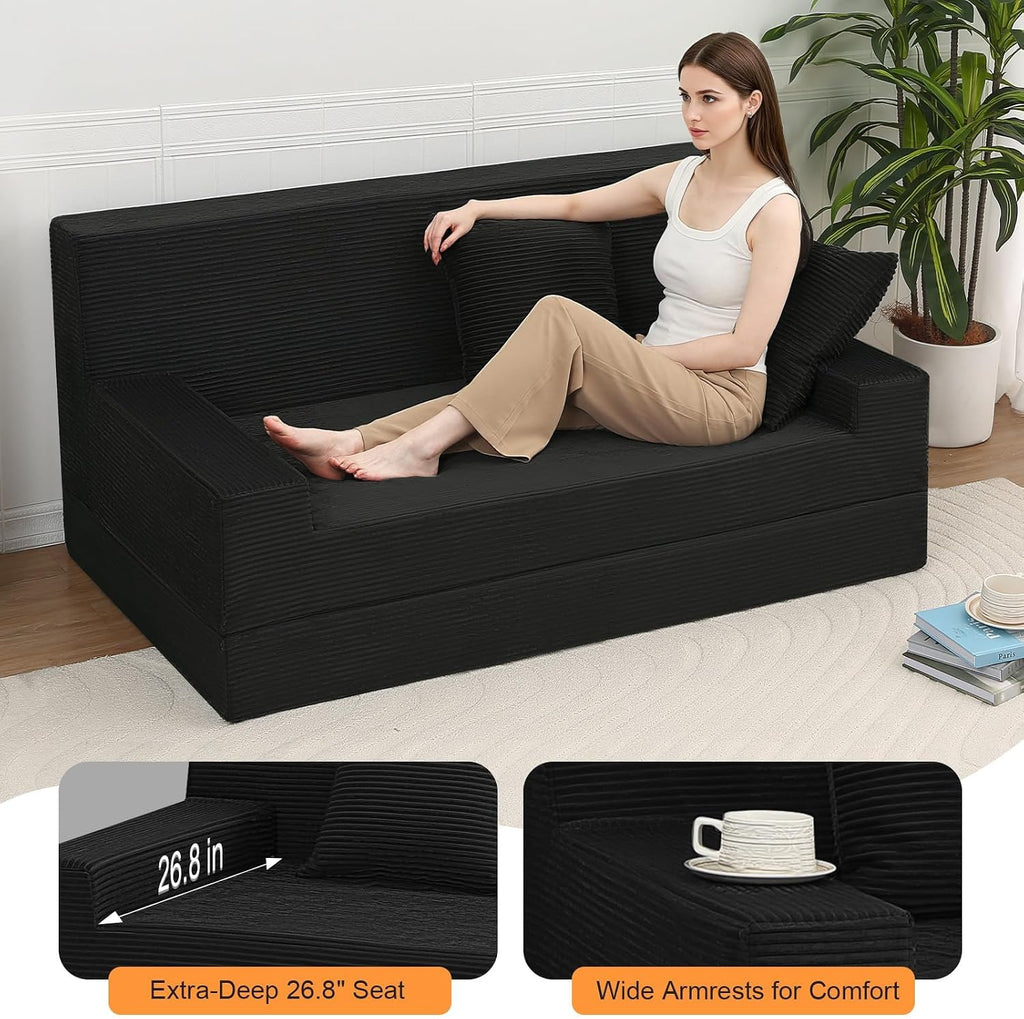 MeMoreCool 59" Couch Bed, Loveseat Futon Sofa, Small Space, Black | 59 in loveseat, opens to a 59 x 71 in bed - 9 in shorter than a queen; corduroy cover, 700 lb